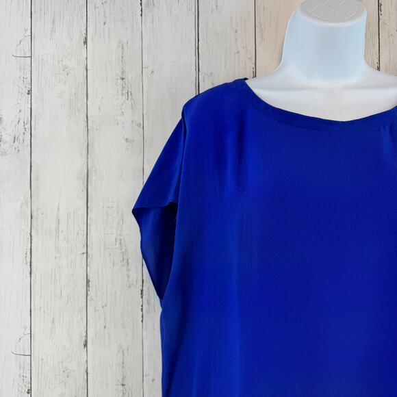 Eileen Fisher Blue Silk Georgette Washable Crepe Cap Sleeve Boxy Dress Size XS - Picture 2 of 14